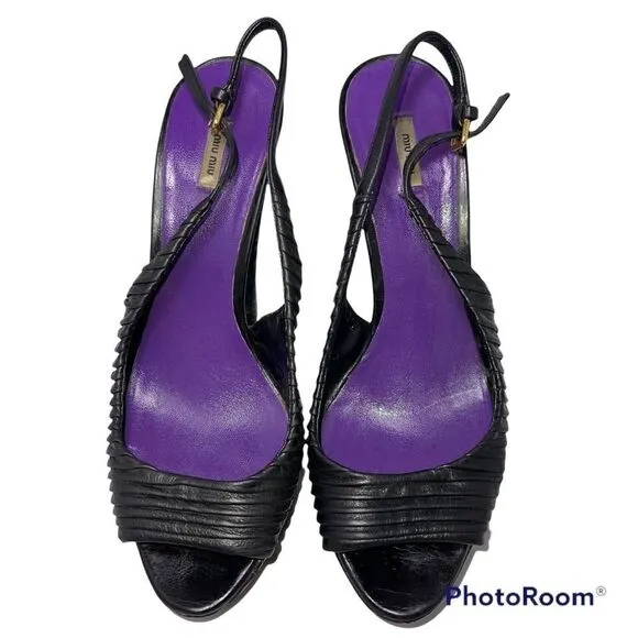 Miu Miu by Prada Black Leather SlingBack Heels Size 37.5 US 7.5 Authentic