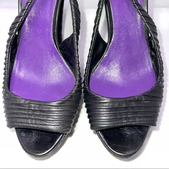 Miu Miu by Prada Black Leather SlingBack Heels Size 37.5 US 7.5 Authentic