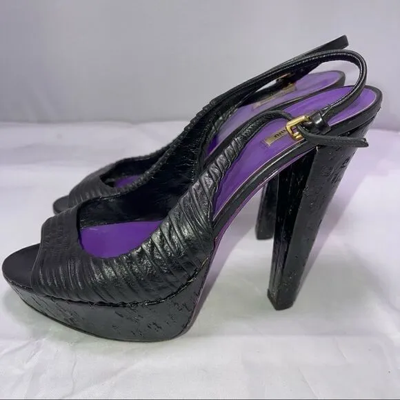 Miu Miu by Prada Black Leather SlingBack Heels Size 37.5 US 7.5 Authentic