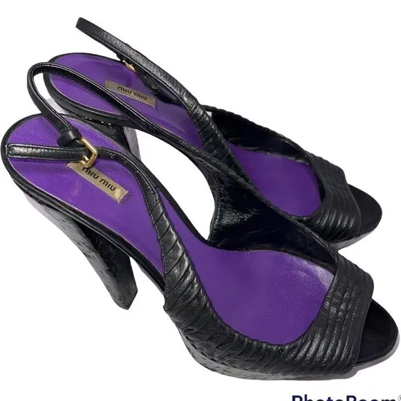 Miu Miu by Prada Black Leather SlingBack Heels Size 37.5 US 7.5 Authentic