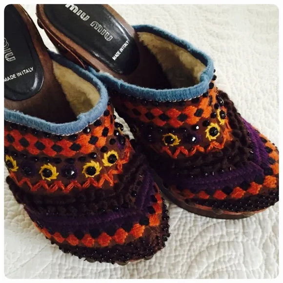 Miu Miu emroidered, wool lined Clogs / Mules, sz 6