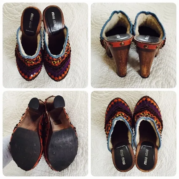Miu Miu emroidered, wool lined Clogs / Mules, sz 6