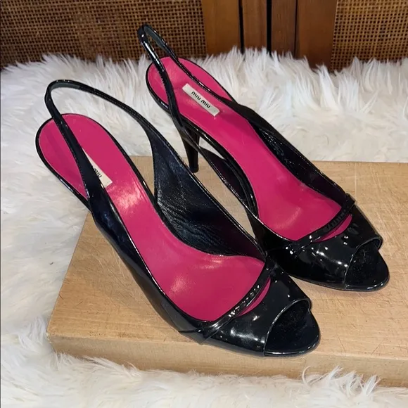 Miu Miu Peep Toe Patent Leather Slingback Heels