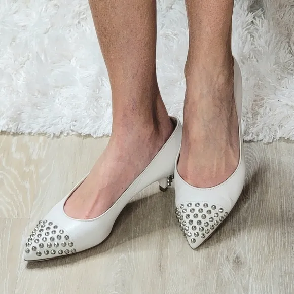 MIU MIU white leather studded kitten heel pumps