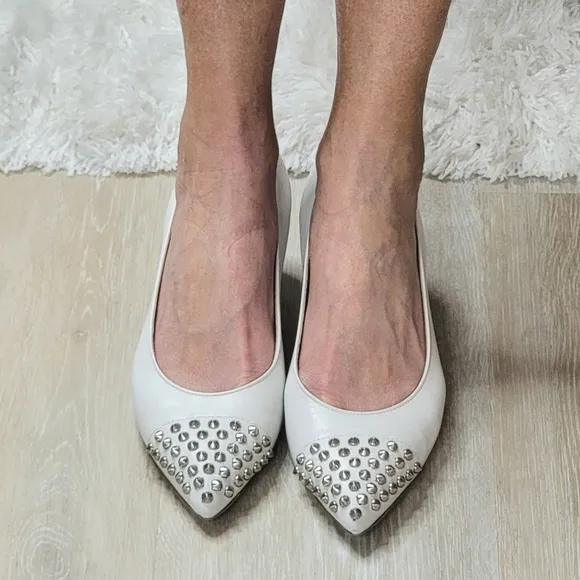 MIU MIU white leather studded kitten heel pumps