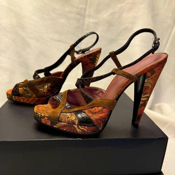 Miu Miu exotic mixed leathers strappy slingback ultra high heels Jacquard 39 9
