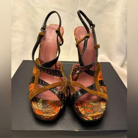 Miu Miu exotic mixed leathers strappy slingback ultra high heels Jacquard 39 9