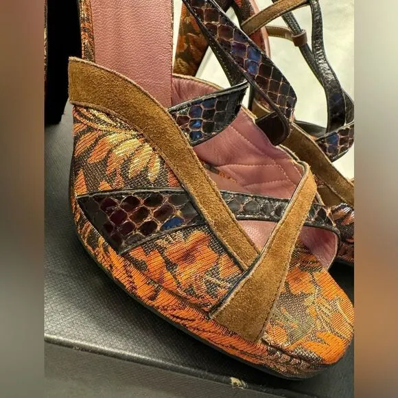 Miu Miu exotic mixed leathers strappy slingback ultra high heels Jacquard 39 9
