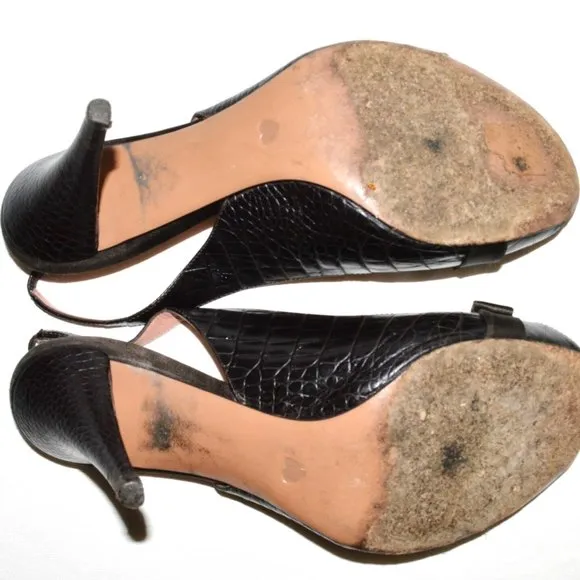 MOSCHINO 8 8.5 M 39 BROWN SNAKE PRINT LEATHER BOW SLINGBACK SANDALS HEELS ITALY