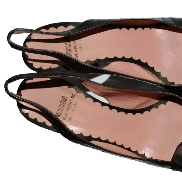 MOSCHINO 8 8.5 M 39 BROWN SNAKE PRINT LEATHER BOW SLINGBACK SANDALS HEELS ITALY
