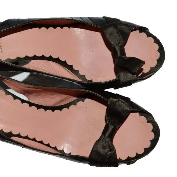 MOSCHINO 8 8.5 M 39 BROWN SNAKE PRINT LEATHER BOW SLINGBACK SANDALS HEELS ITALY
