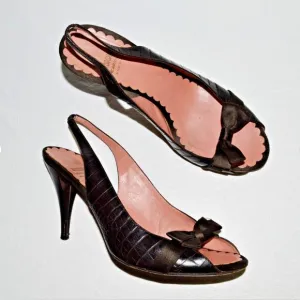 MOSCHINO 8 8.5 M 39 BROWN SNAKE PRINT LEATHER BOW SLINGBACK SANDALS HEELS ITALY