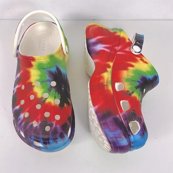 Multicolor Tie Dye Crocs Classic Bae Ultra Platform Comfort Clogs Rainbow Pride