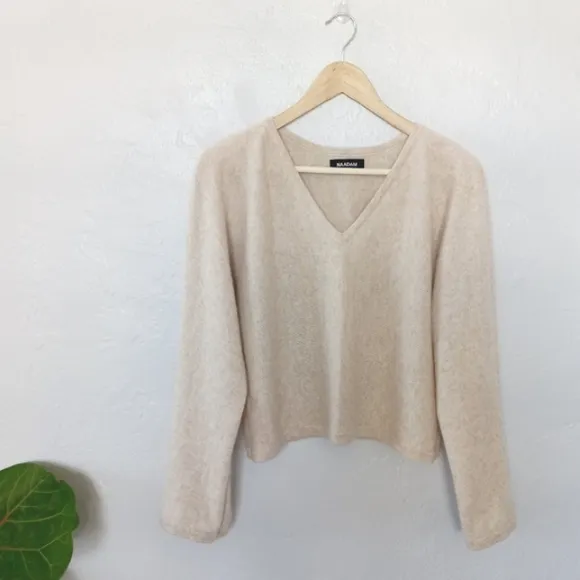 Naadam Cashmere Wide Sleeve V Neck Sweater Oatmeal XS