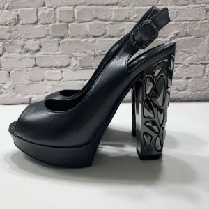 Nando Muzi Women’s Italian Leather Open Toe Jeweled Heels Pumps 36.5 Black