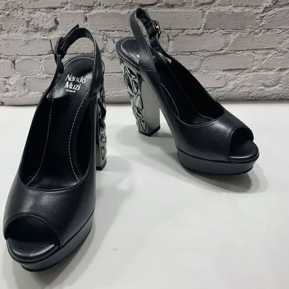 Nando Muzi Women’s Italian Leather Open Toe Jeweled Heels Pumps 36.5 Black