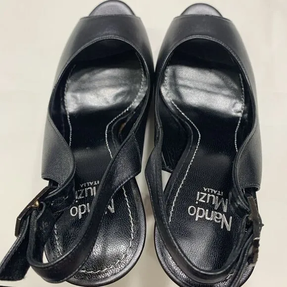 Nando Muzi Women’s Italian Leather Open Toe Jeweled Heels Pumps 36.5 Black