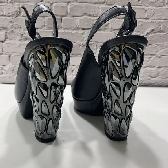 Nando Muzi Women’s Italian Leather Open Toe Jeweled Heels Pumps 36.5 Black