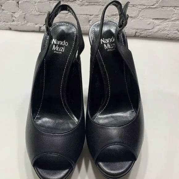 Nando Muzi Women’s Italian Leather Open Toe Jeweled Heels Pumps 36.5 Black