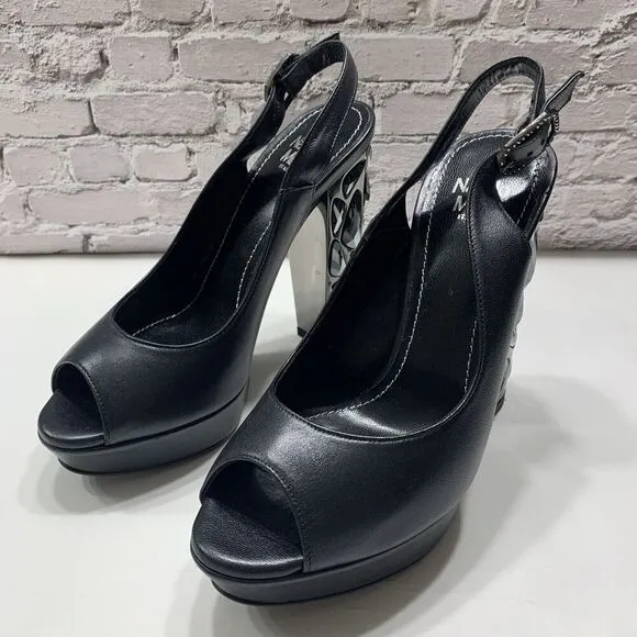 Nando Muzi Women’s Italian Leather Open Toe Jeweled Heels Pumps 36.5 Black