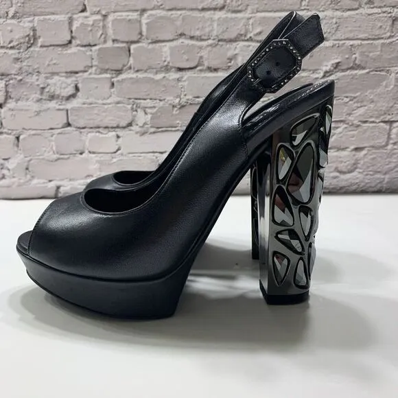 Nando Muzi Women’s Italian Leather Open Toe Jeweled Heels Pumps 36.5 Black