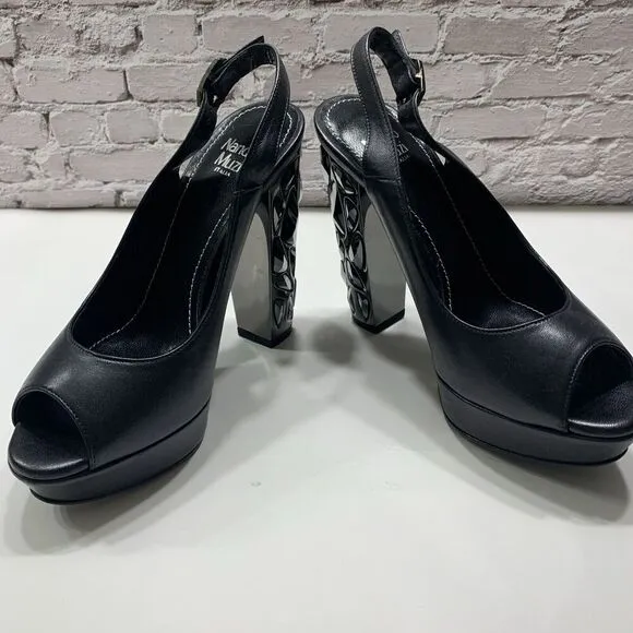 Nando Muzi Women’s Italian Leather Open Toe Jeweled Heels Pumps 36.5 Black