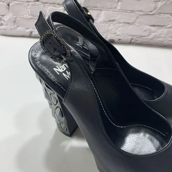 Nando Muzi Women’s Italian Leather Open Toe Jeweled Heels Pumps 36.5 Black