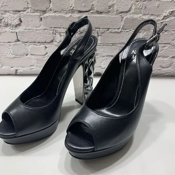 Nando Muzi Women’s Italian Leather Open Toe Jeweled Heels Pumps 36.5 Black