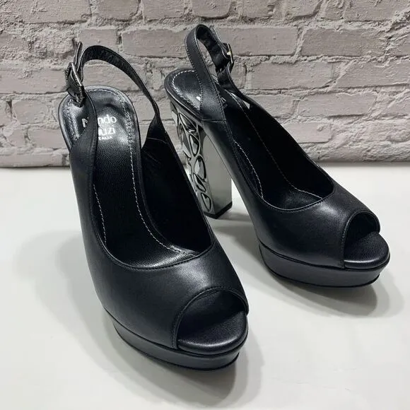 Nando Muzi Women’s Italian Leather Open Toe Jeweled Heels Pumps 36.5 Black