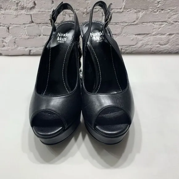 Nando Muzi Women’s Italian Leather Open Toe Jeweled Heels Pumps 36.5 Black