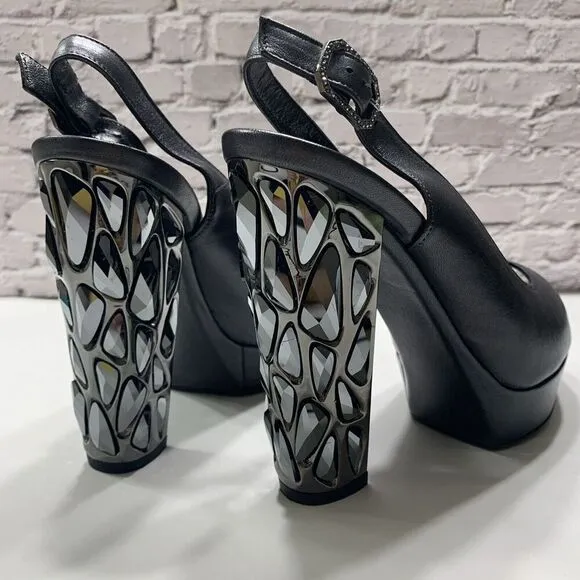 Nando Muzi Women’s Italian Leather Open Toe Jeweled Heels Pumps 36.5 Black