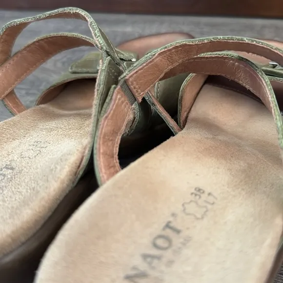 NAOT sandals, Size 7, green, travel, slip on, leather, comfortable walking shoes
