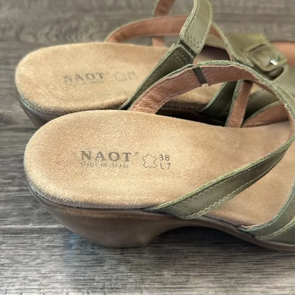 NAOT sandals, Size 7, green, travel, slip on, leather, comfortable walking shoes