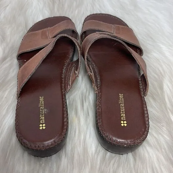 Naturalizer Wiser Brown Leather Strappy Slide Wedge Mules Sz 8