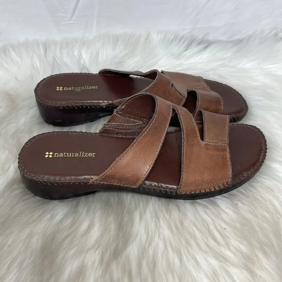 Naturalizer Wiser Brown Leather Strappy Slide Wedge Mules Sz 8