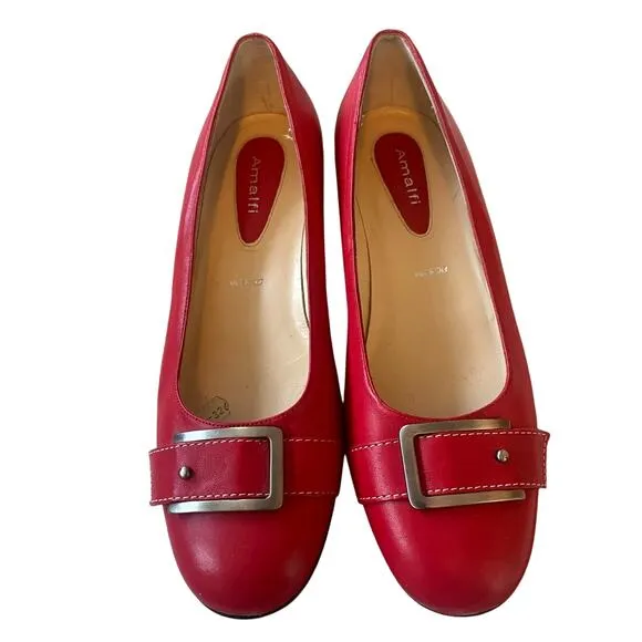 Neiman Marcus 9.5 Amalfi Italian Leather Kitten Heels Gold Round Toe Low Red