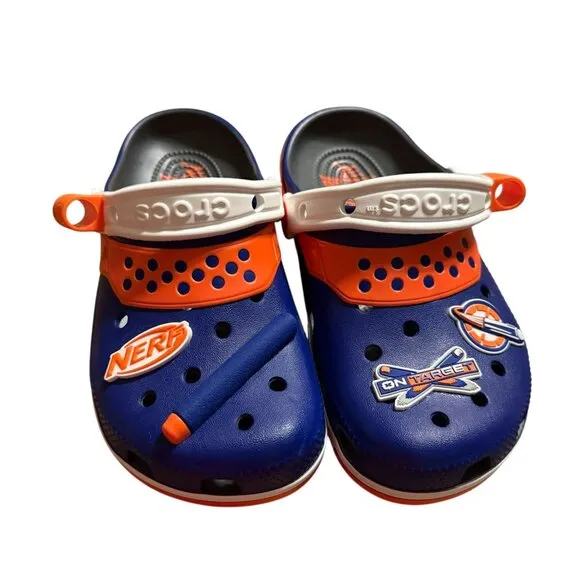 Nerf X Crocs Navy &amp; Orange Clogs With Jibbitz Charms Kids Size J6 Lightweight