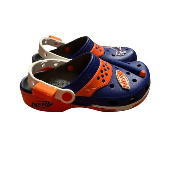 Nerf X Crocs Navy &amp; Orange Clogs With Jibbitz Charms Kids Size J6 Lightweight
