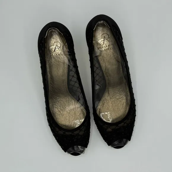 NEW ADRIANNA PAPELL Womens Black Jamie Peep Toe Kitten Heel Slip On Pumps 11 M