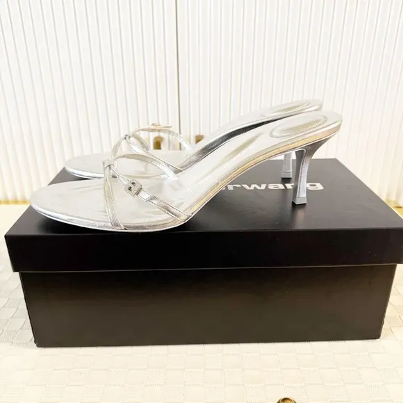 NEW Alexander Wang Lucienne 65 Strappy Slide Heels Silver Metallic Rhinestone 39