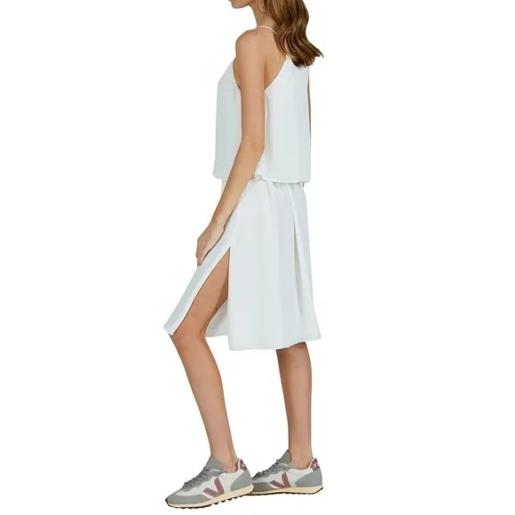 New ATM Crepe Georgette Halter Dress in Chalk White Popover Overlay Sz L
