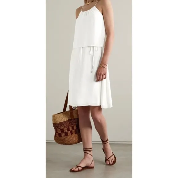 New ATM Crepe Georgette Halter Dress in Chalk White Popover Overlay Sz L