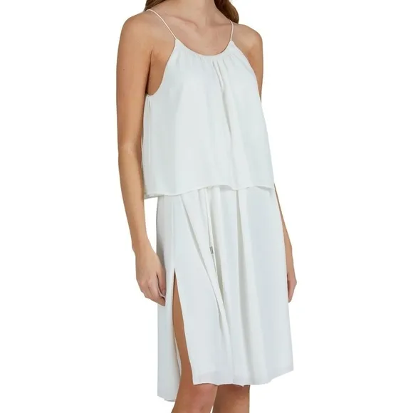 New ATM Crepe Georgette Halter Dress in Chalk White Popover Overlay Sz L