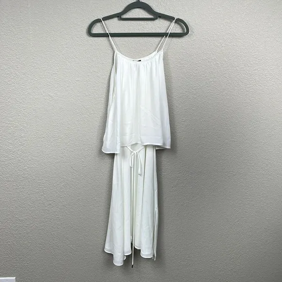 New ATM Crepe Georgette Halter Dress in Chalk White Popover Overlay Sz L