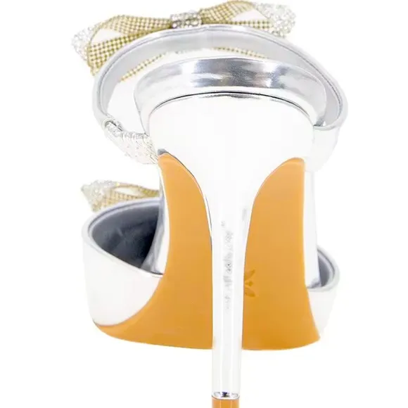 New BCBGenerationBardia Metallic Patent Rhinestone Bows Dress Mules