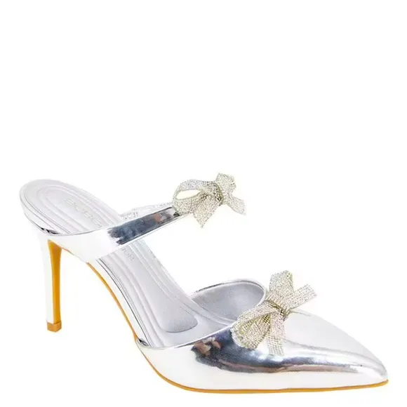 New BCBGenerationBardia Metallic Patent Rhinestone Bows Dress Mules