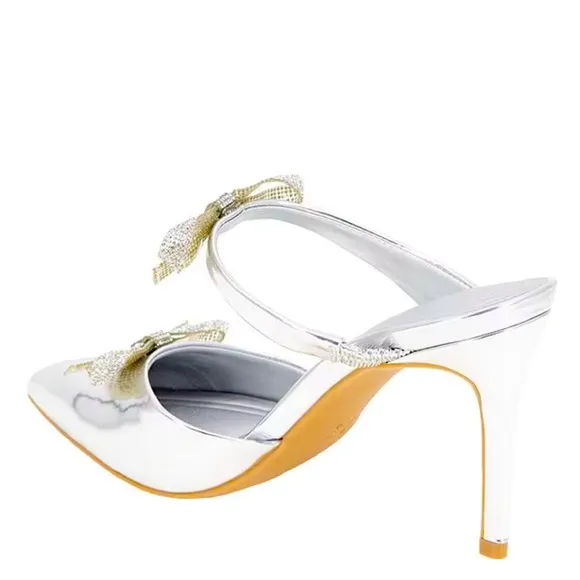 New BCBGenerationBardia Metallic Patent Rhinestone Bows Dress Mules