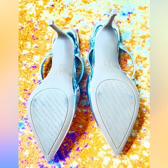 New BCBGenerationBardia Metallic Patent Rhinestone Bows Dress Mules