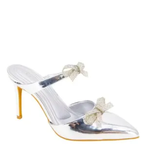 New BCBGenerationBardia Metallic Patent Rhinestone Bows Dress Mules