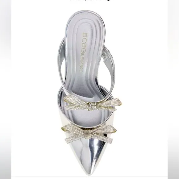 New BCBGenerationBardia Metallic Patent Rhinestone Bows Dress Mules